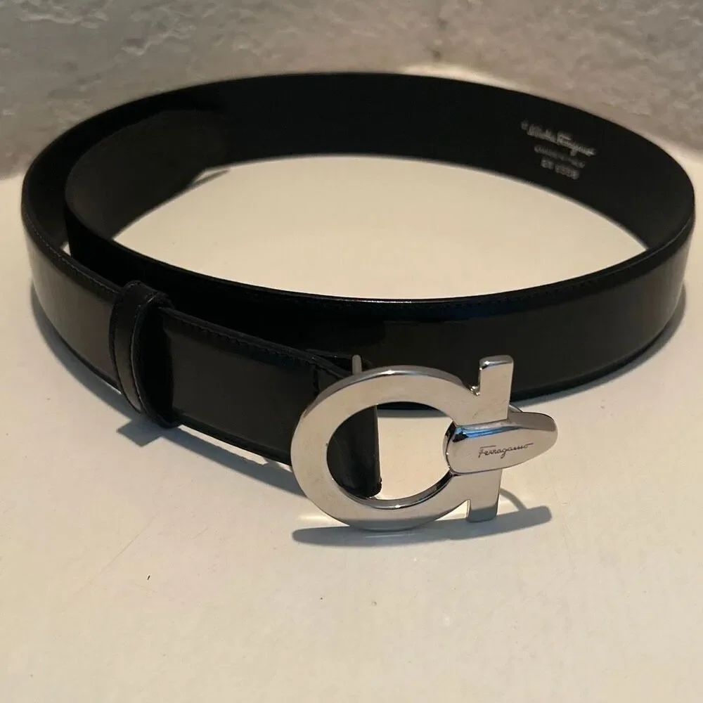 Salvatore Ferragamo Gancini Buckle Belt Black Leather Silver Logo Unisex 29